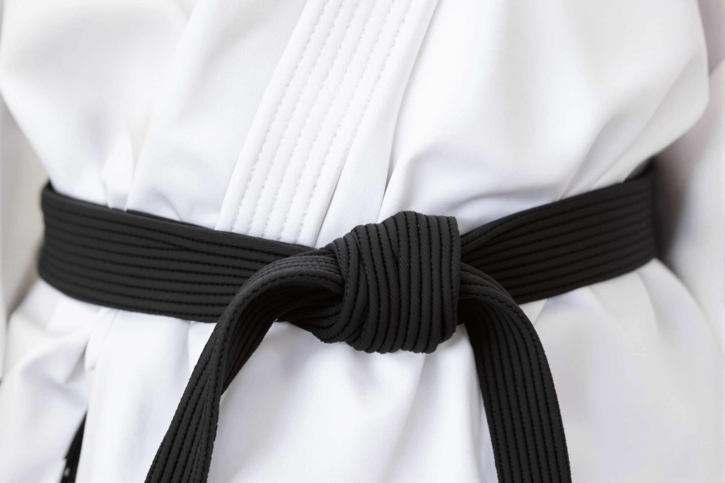 A finished flat square knot on an aikido obi over a white gi