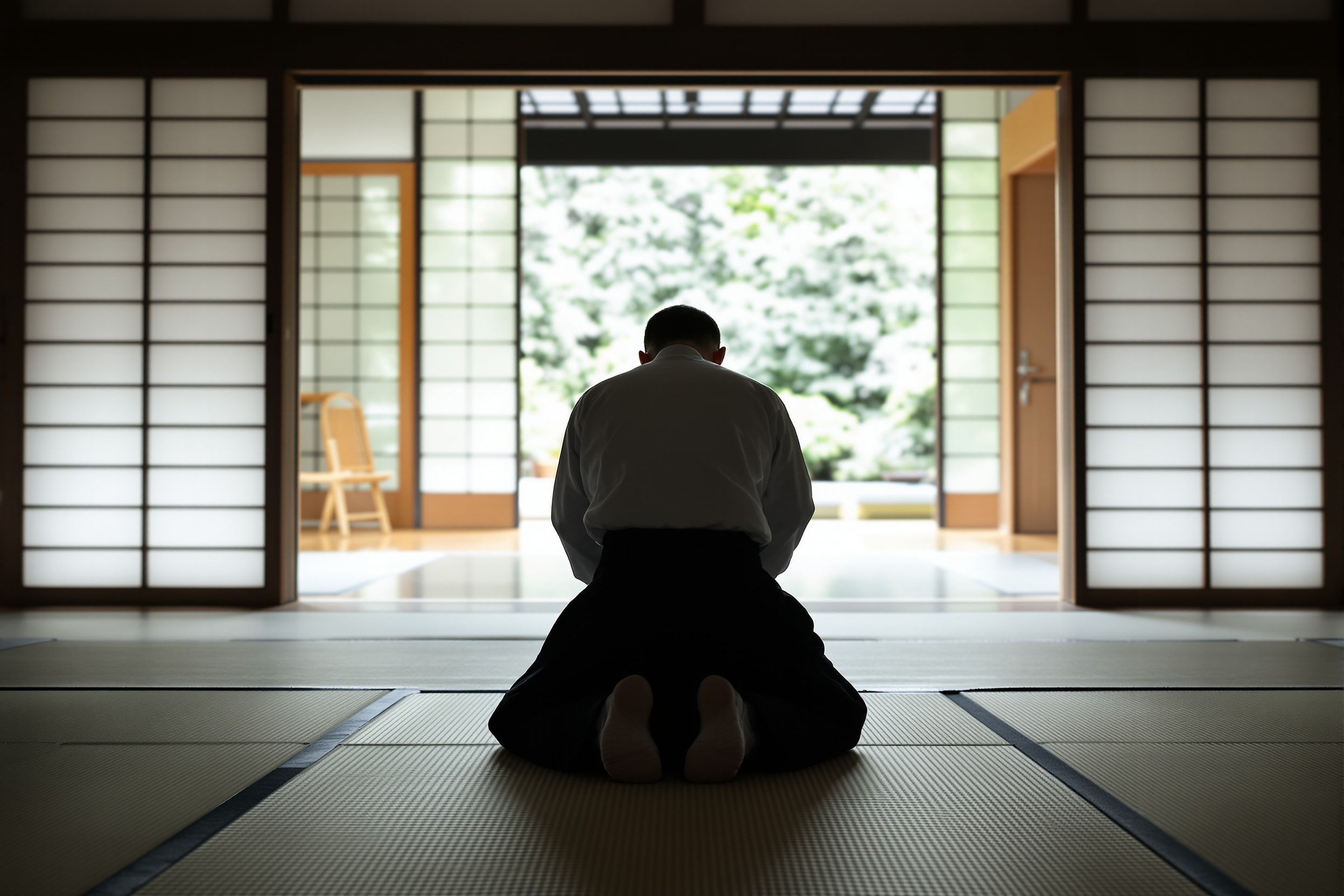 A practitioner kneeling in seiza and bowing toward the front of the dojo
