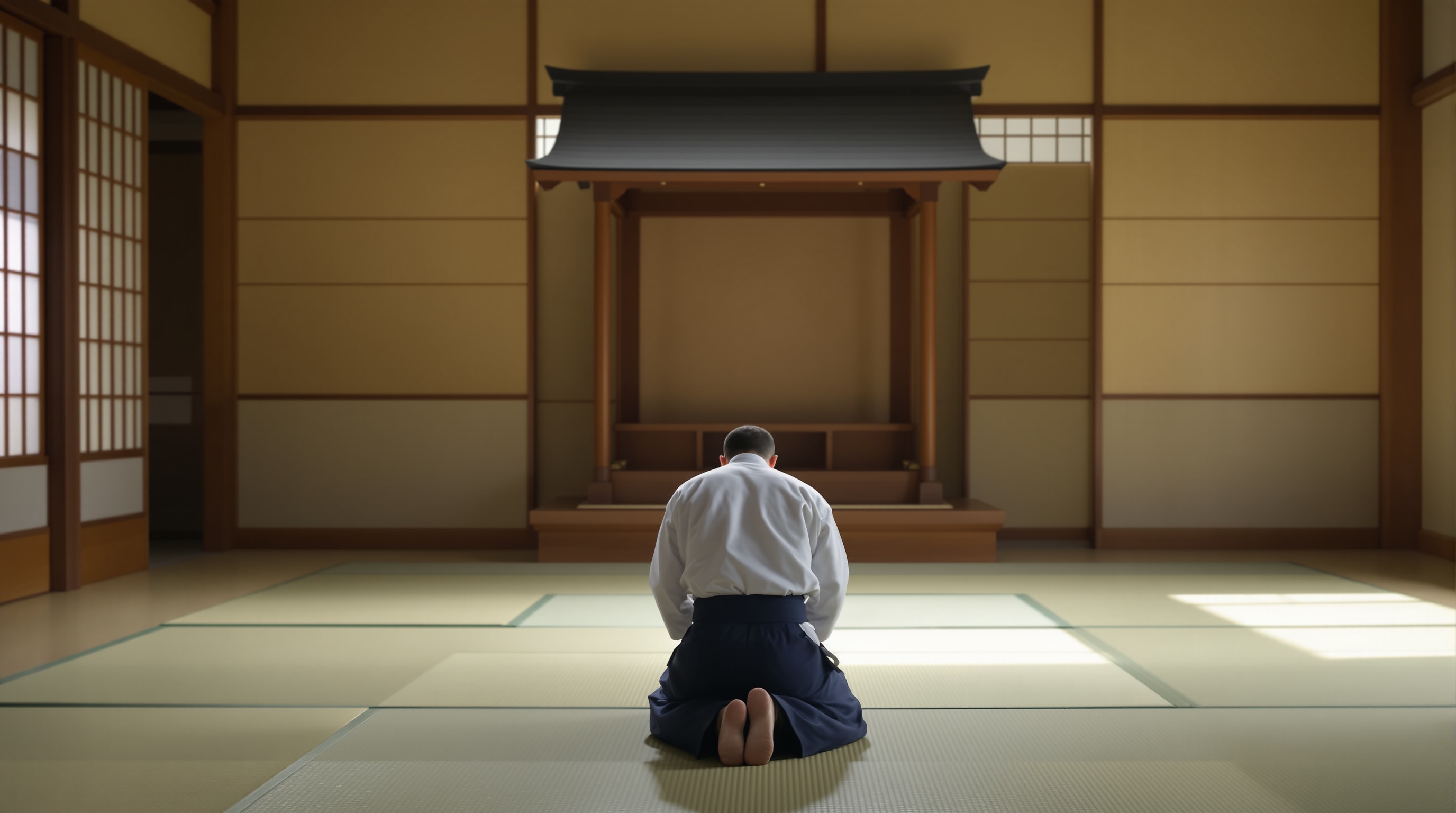 A lone practitioner in white gi and indigo hakama bowing toward the front of a quiet dojo, seen from behind