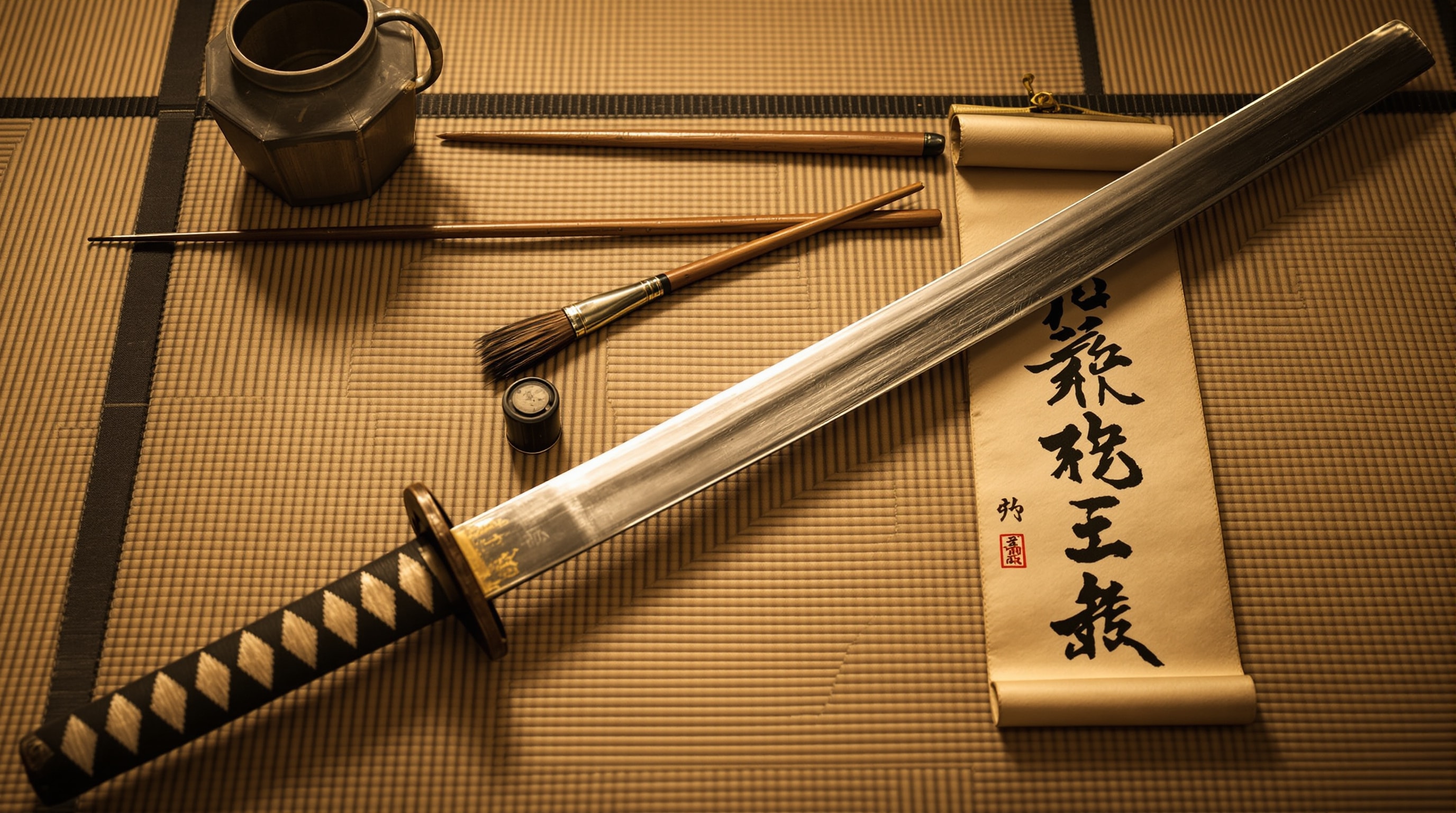 Sepia still life of budo heritage: a weathered wooden bokken, a calligraphy brush, and a kanji scroll