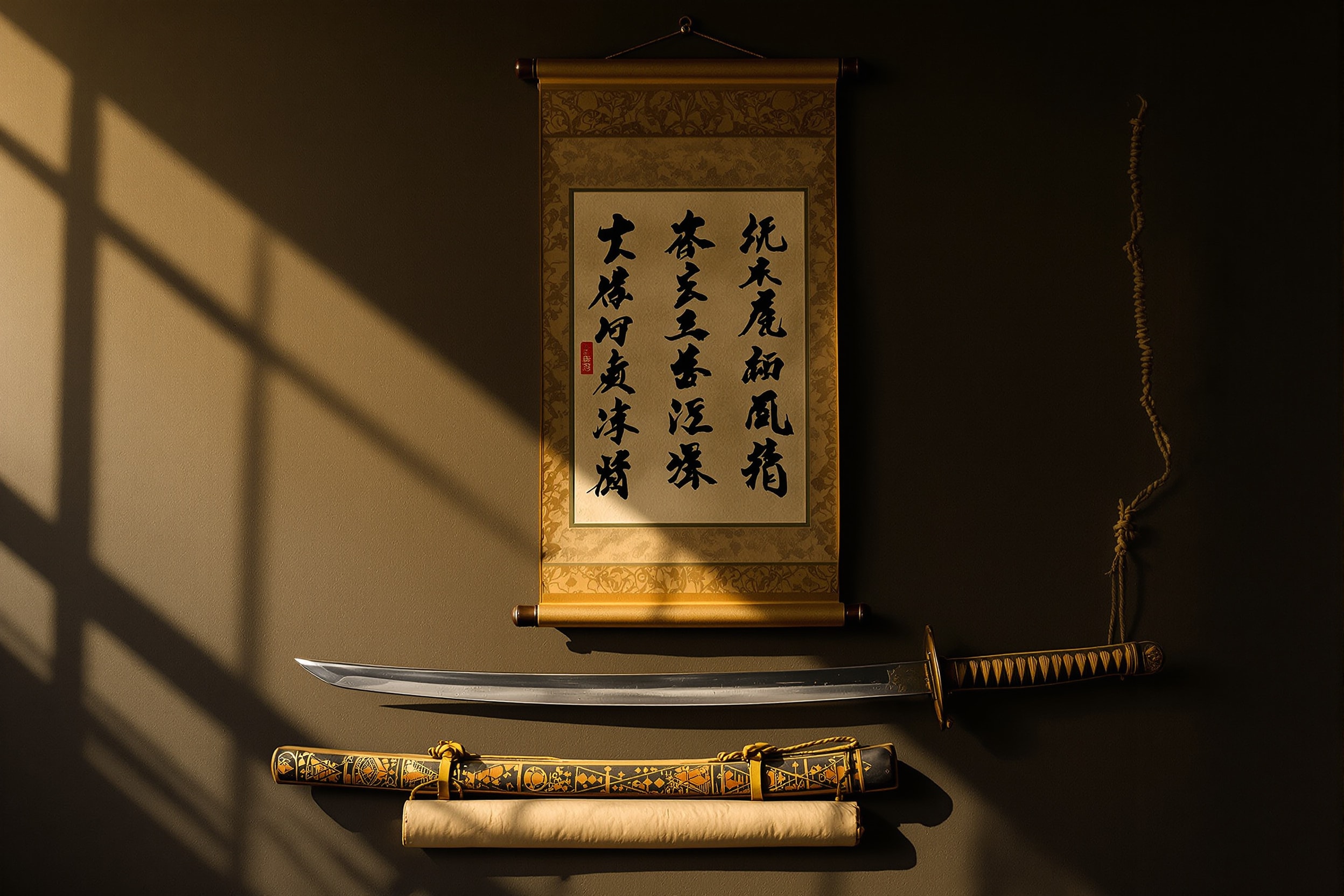 An aged calligraphy scroll and wooden training sword arranged as a museum still life
