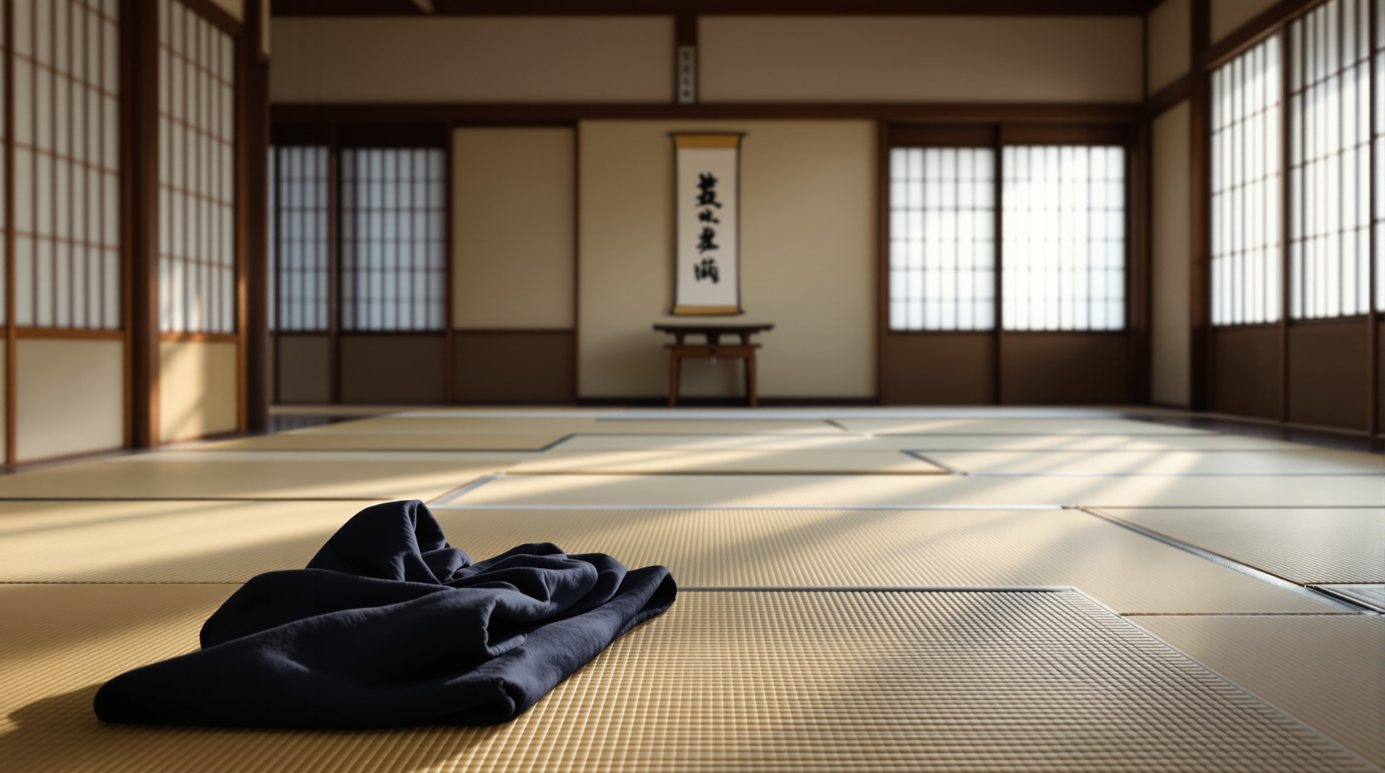 Quiet traditional aikido dojo at dawn with a folded indigo hakama resting on the tatami mat