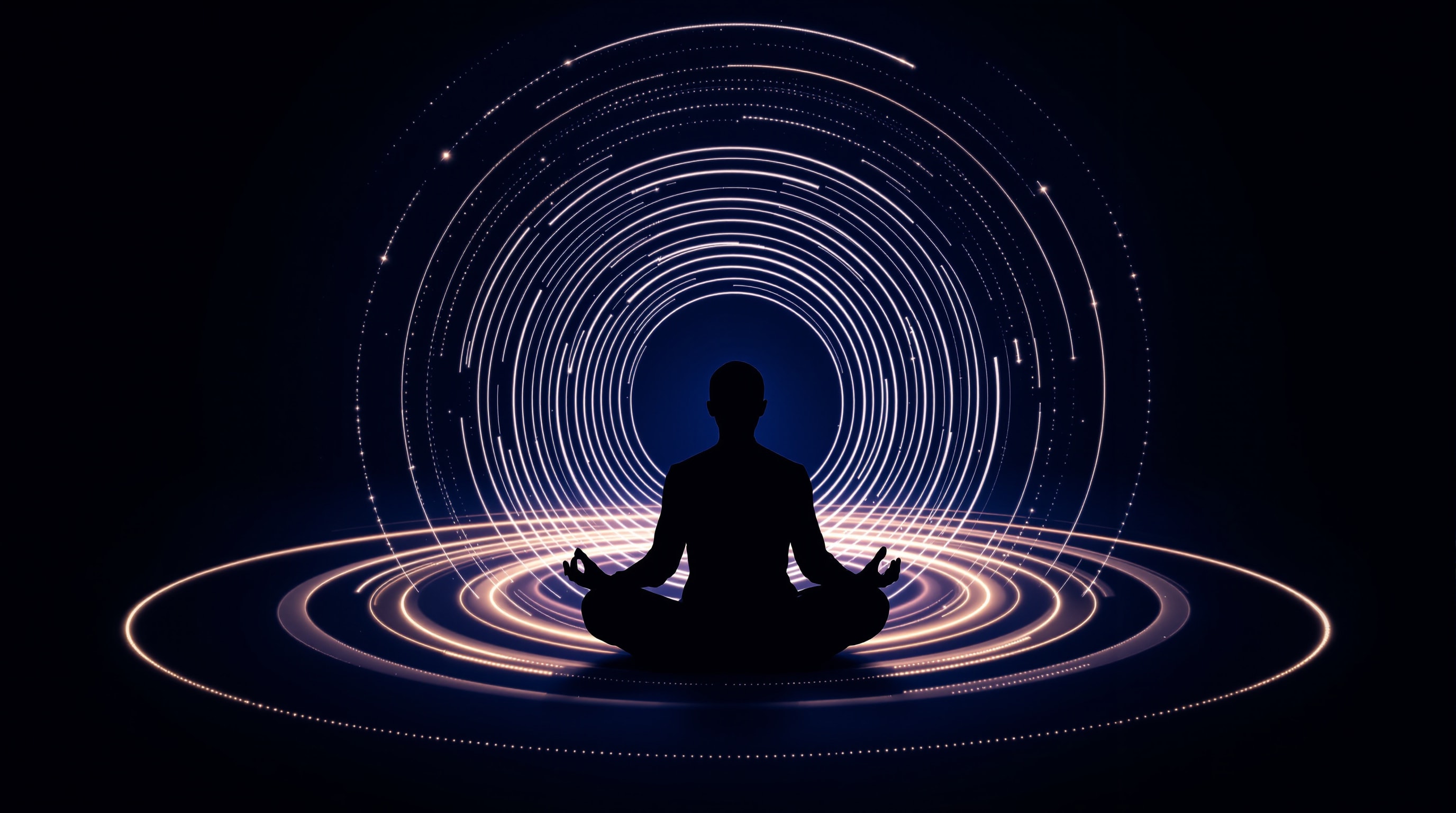 Abstract concentric circles of light around a turning practitioner silhouette on a deep indigo field