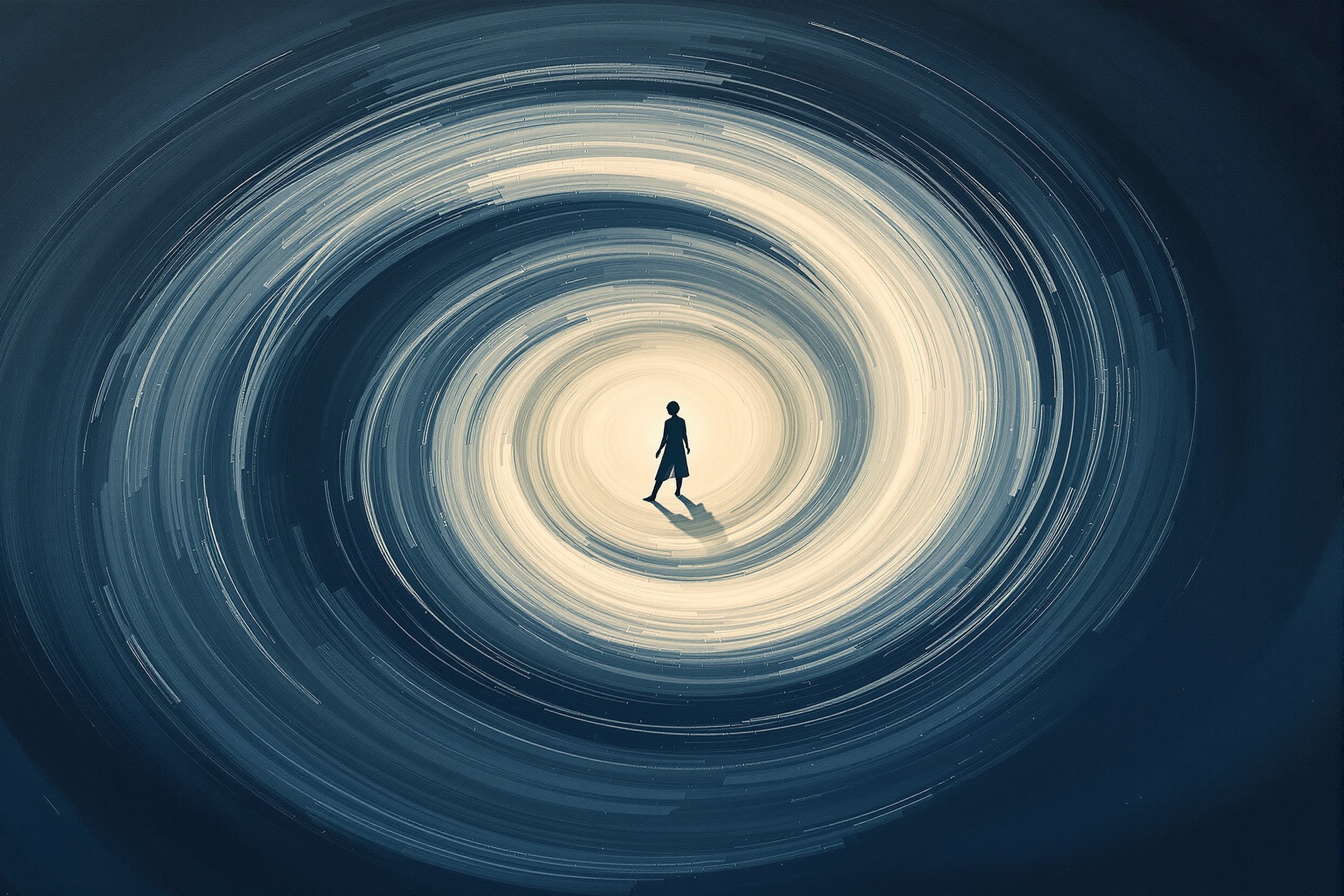 A single practitioner turning in a spiral tenkan motion, rendered as concentric rings of light