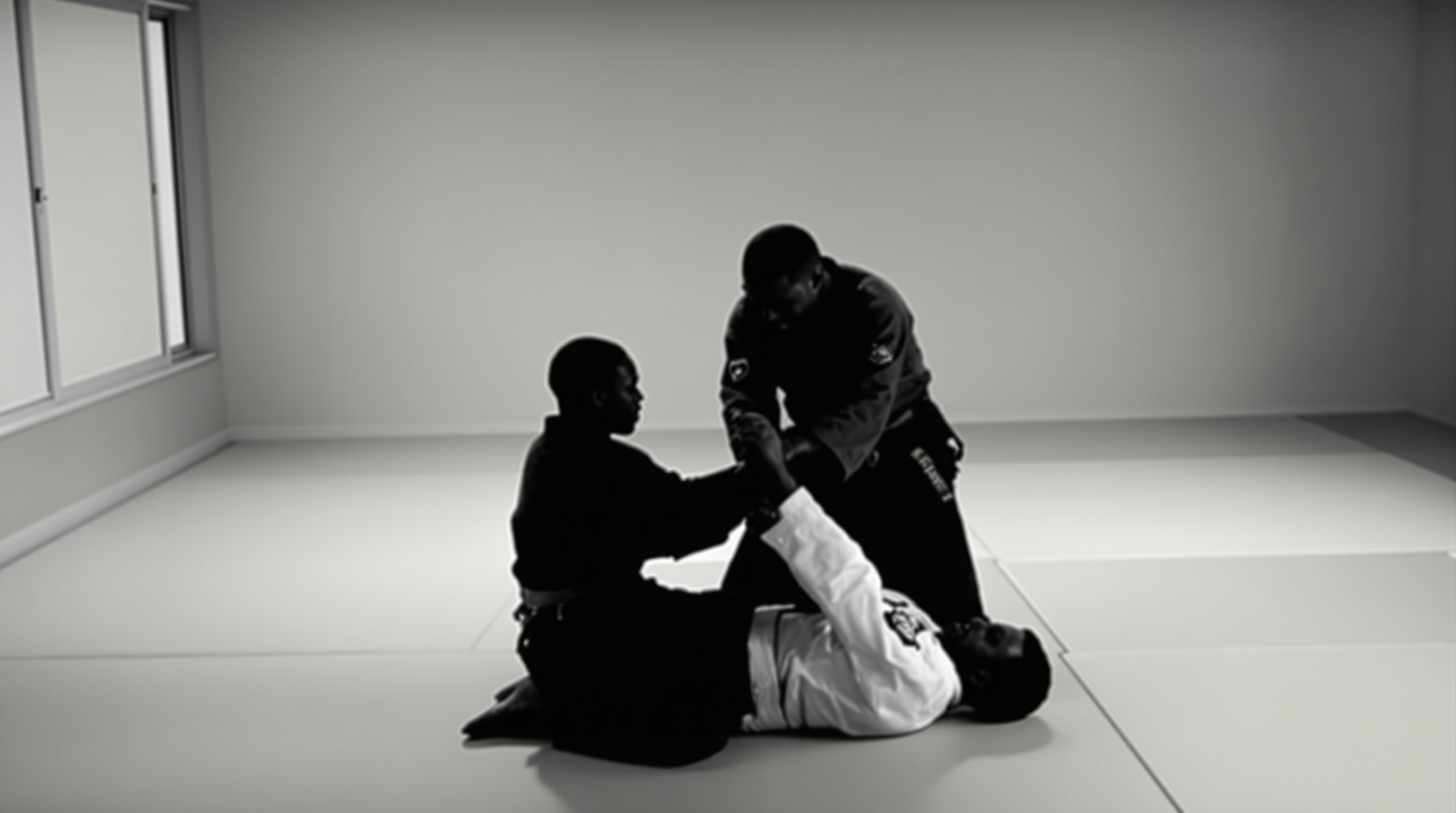 An aikido wrist-lock pin demonstrated in silhouette on the tatami