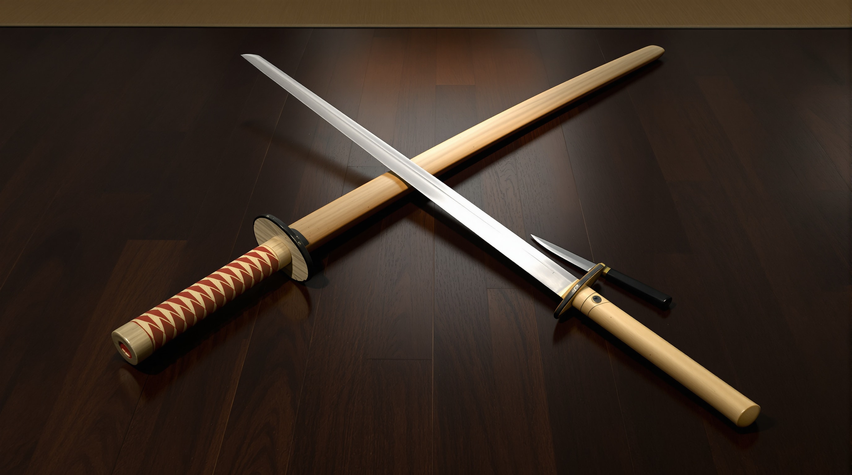 Still life of a wooden bokken, jo staff, and tanto arranged on a dark wood floor