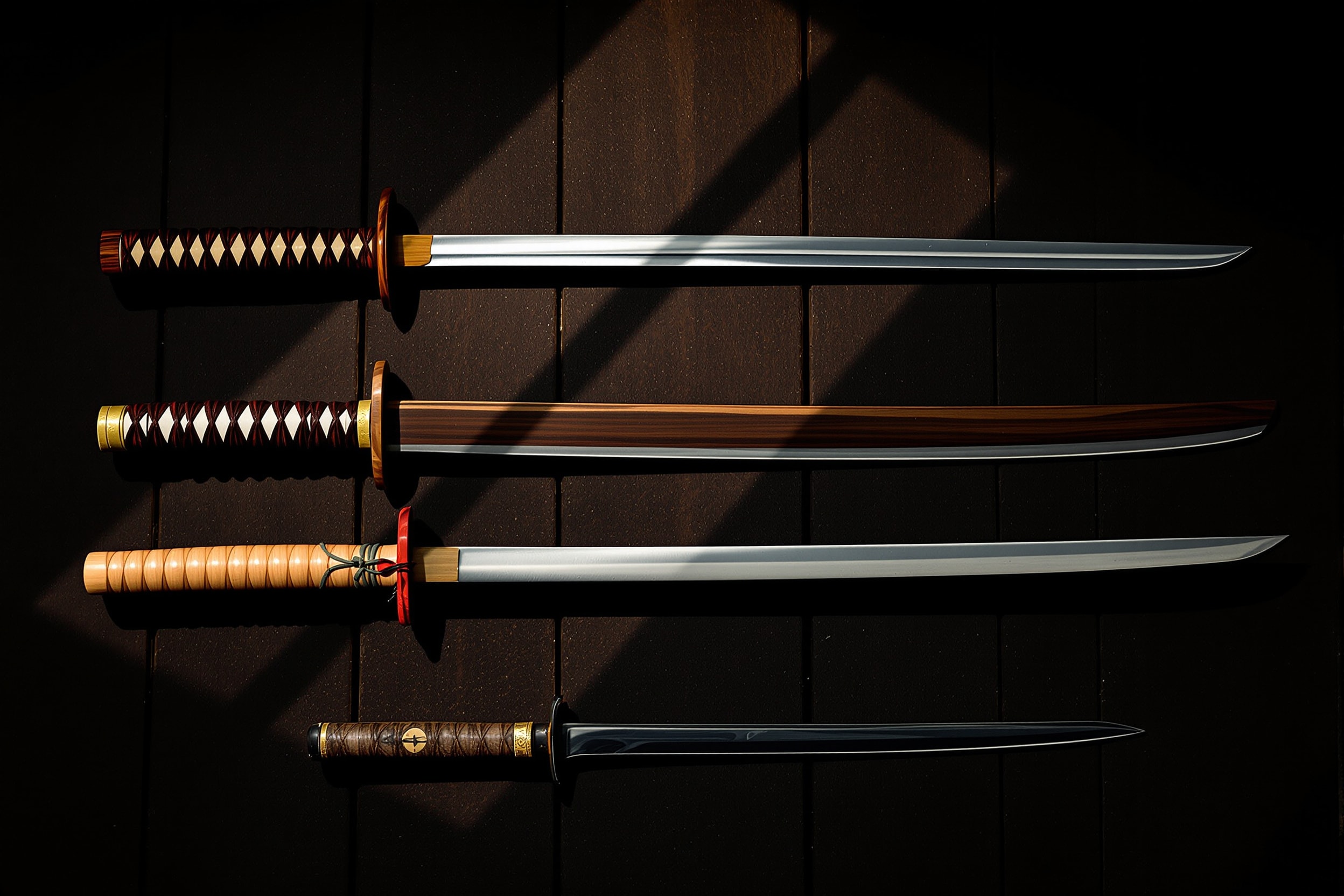 A wooden bokken, jo, and tanto arranged diagonally with a single red accent