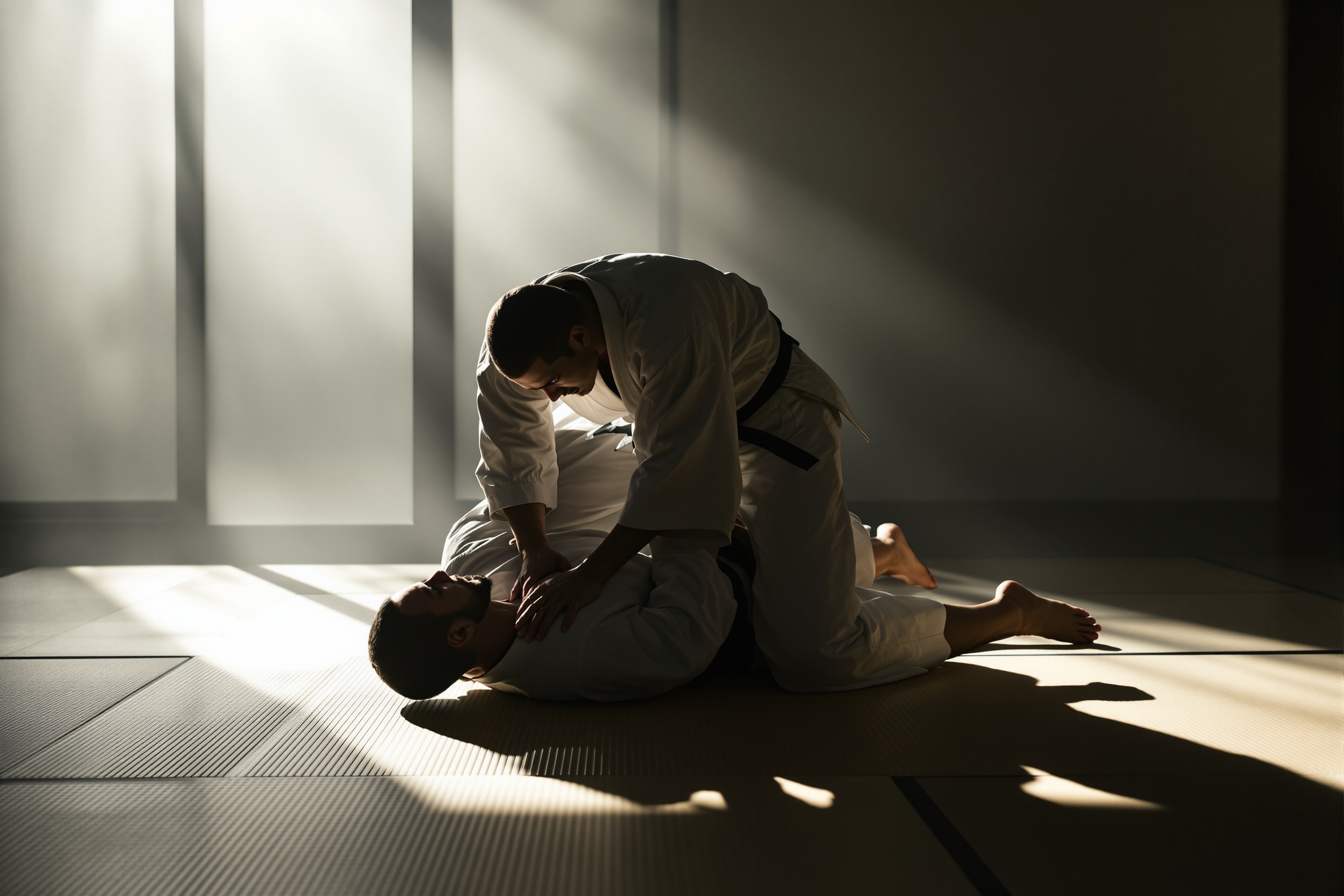 An aikido throw shown in silhouette, one figure guiding another to the mat